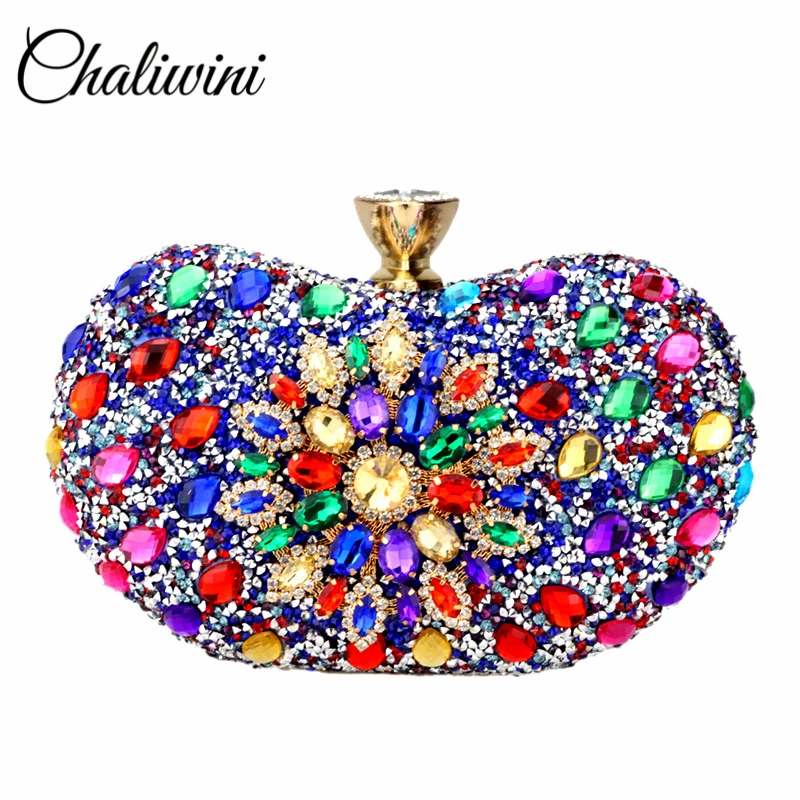 Chaliwini Evening Diamond Two Side Floral Woman Clutch Bag Multi Crystal Sling Package Wedding Purse Matching Wallet Handbags