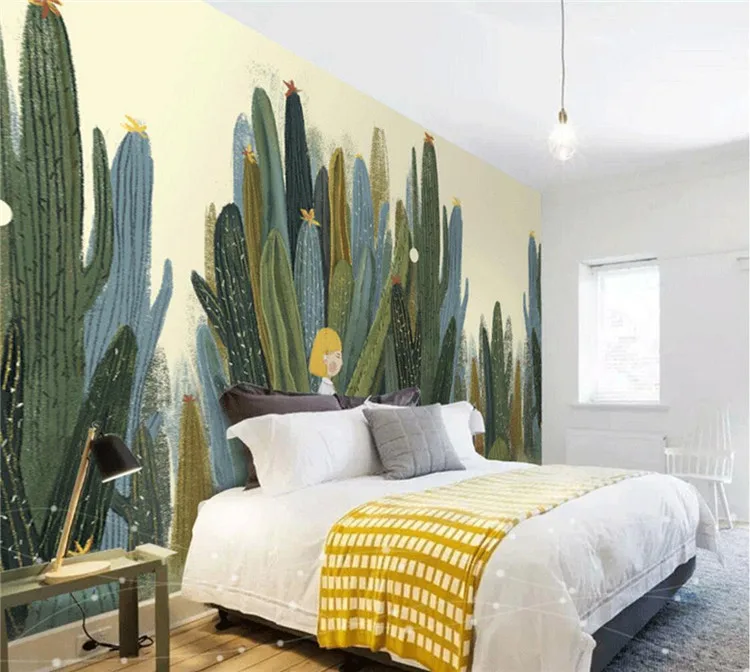 Nordic cactus bedroom wallpaper cartoon little girl plant TV wall cloth simple hand-painted American pastoral custom mural