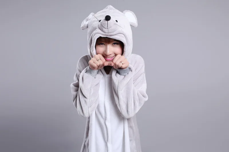 ผู้ใหญ่ Flannel Kigurumi เครื่องแต่งกายสีเทาหนูผู้หญิงหรือชาย Onesies ชุดนอนสำหรับฮาโลวีน Carnival Party