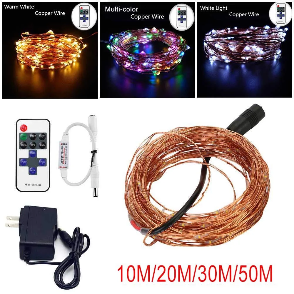 33FT 10M/20M/30M/50M DC12V LED String Silver Copper Wire Fairy String Lights Indoor Outdoor Christmas Wedding Decoration