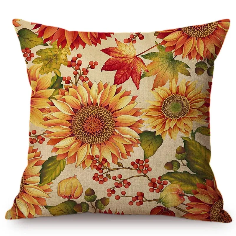 Nordic Yellow Sunflower Hand Painting Cushion Cover Rural Pastoral Pumpkin Vine Leaves Home Decoration Sofa Chair Pillow Case