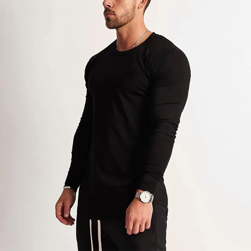 New Fashion long sleeve t shirt men Sporting T-shirt Men Fitness Men\'s solid o-neck Gyms Bodybuilding Tshirt homme