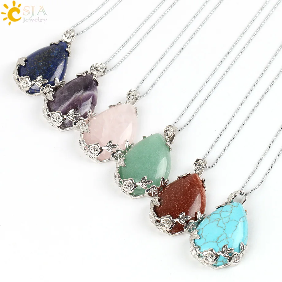CSJA Jewelry Shopping Online Women Natural Pink Quartz Stone Necklace & Pendant Tear Water Drop Love Reiki Bead Ketting E082