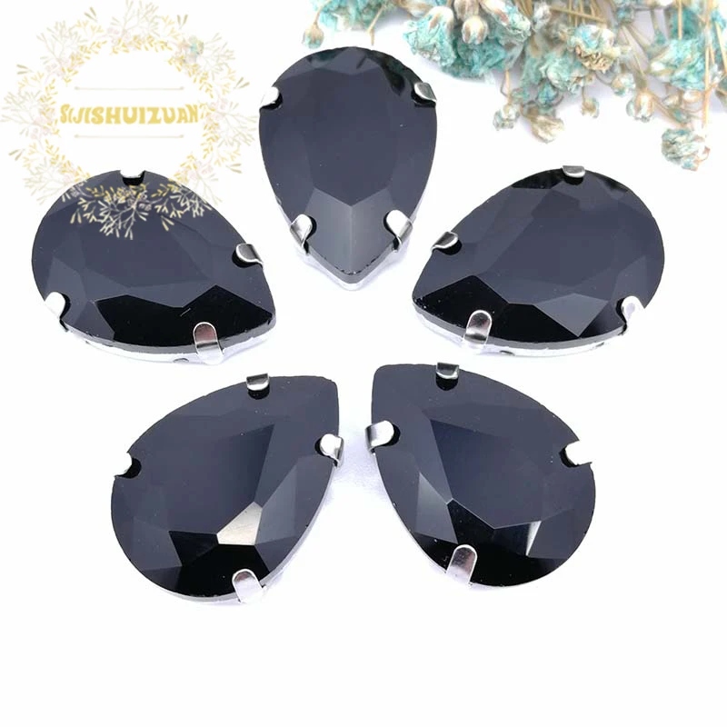 Black Water Drop Shape Silver Claws Crystal Sew On Rhinestones With Four Claw DIY Glass Crystals Stones Clothes Wedding Dress