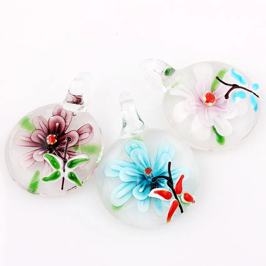 Qianbei Wholesale 6pcs Handmade Murano Lampwork Glass Mix Color Round Insect Flower Pendant Fit Necklace Jewelry G