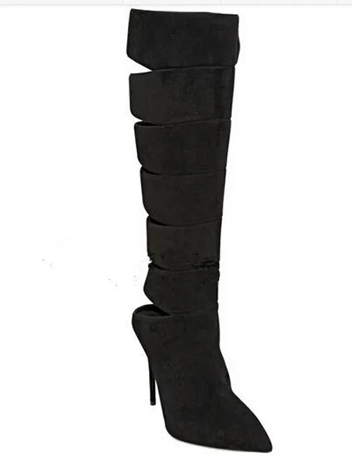 

Newest black thin high heels pointed toe knee high boots back cut-outs side zipper super high heels spring autumn long boots