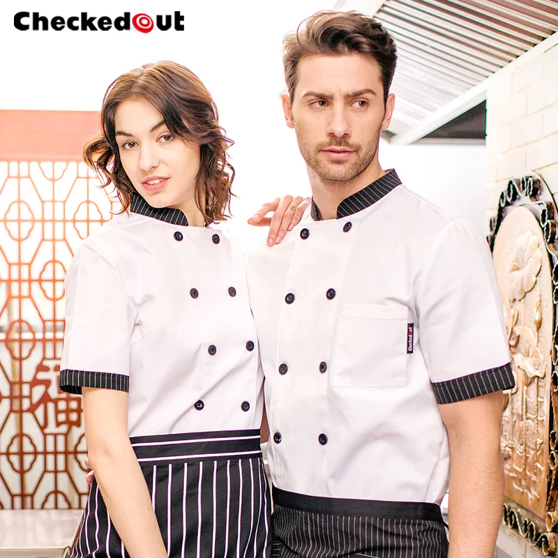 Food Service Short Sleeve Professional Head Chef Uniform Restaurant Hotel Kitchen Jacket Grey Chef Uniform Male Female B-6256