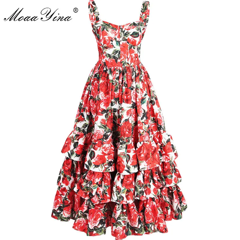 MoaaYina Fashion Designer Runway Ball Gown Dress Summer Women Spaghetti strap Backless Floral Print Cascading Ruffle Beach Dress