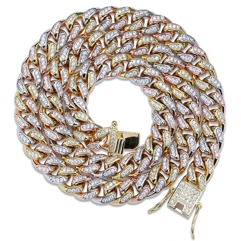 

Shiny Multicolor Miami Curb Cuban Chain Necklace For Men Box Lock Hip Hop Iced Out Paved Rhinestones CZ Rapper Necklace Jewelry