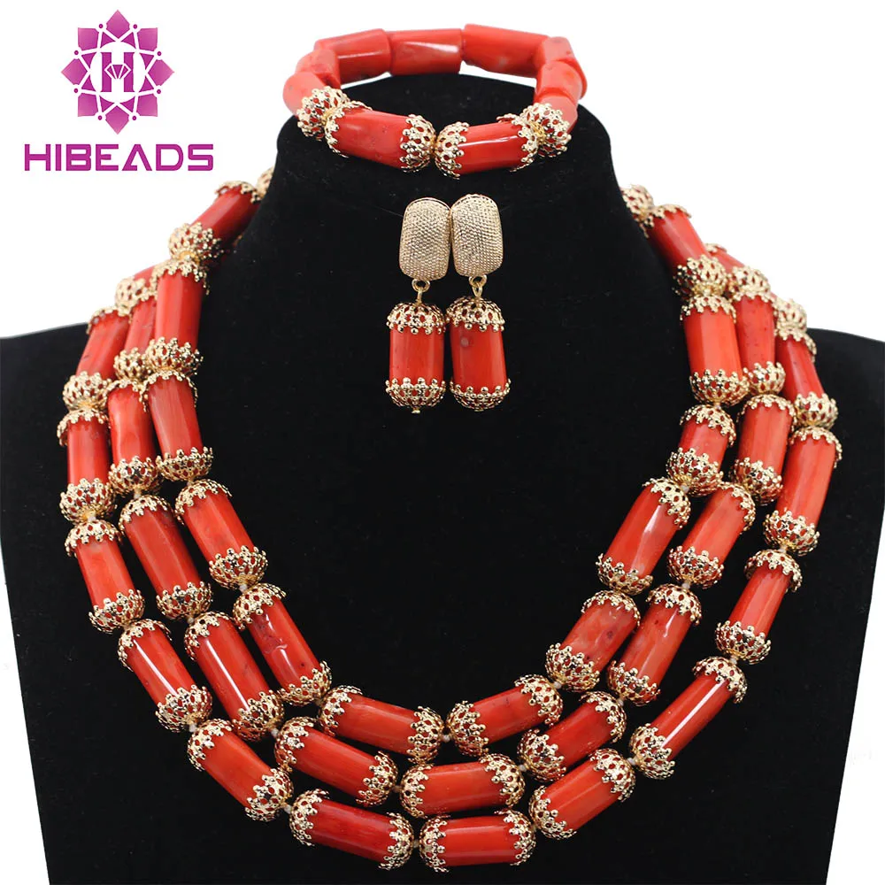 

Natural Coral Beads Nigerian Wedding Jewelry Set Real Coral Beads Necklace Set Gift Jewelry Free ShippingABH155