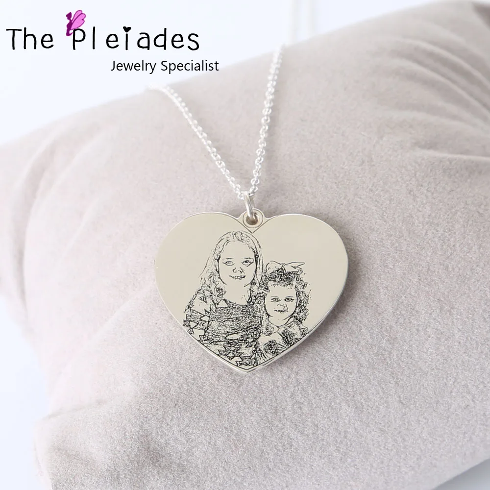 925 Solid Silver Photo Necklace Customized Heart Necklace Engraved Your Real Picture Keepsake Jewelry