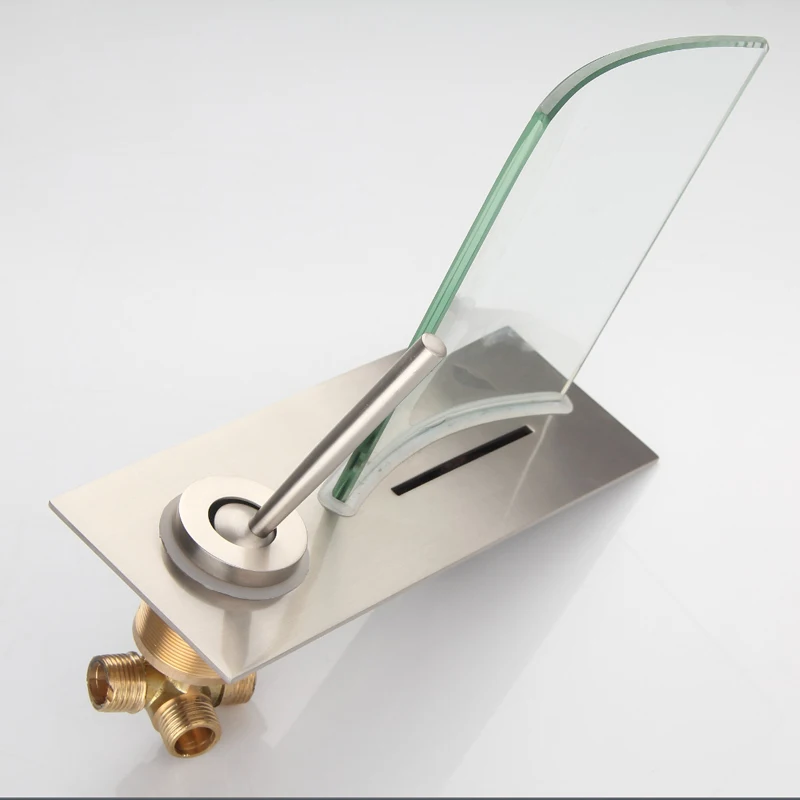 Wall Mount LED Brass Concealed Glass Waterfall Bathroom Sink Mixer Tap Brushed Nickel Color Change Basin Faucet NL705