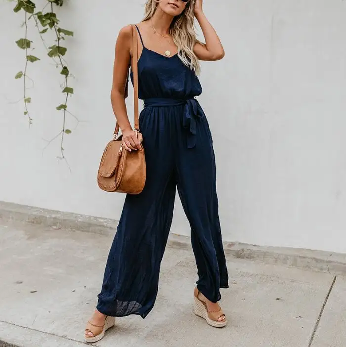 

women jumpsuit Elegant solid 2019 Sleeveless Strap long jumpsuit Chic wide leg casual streetwear Boho bandage sexy jumpsuit