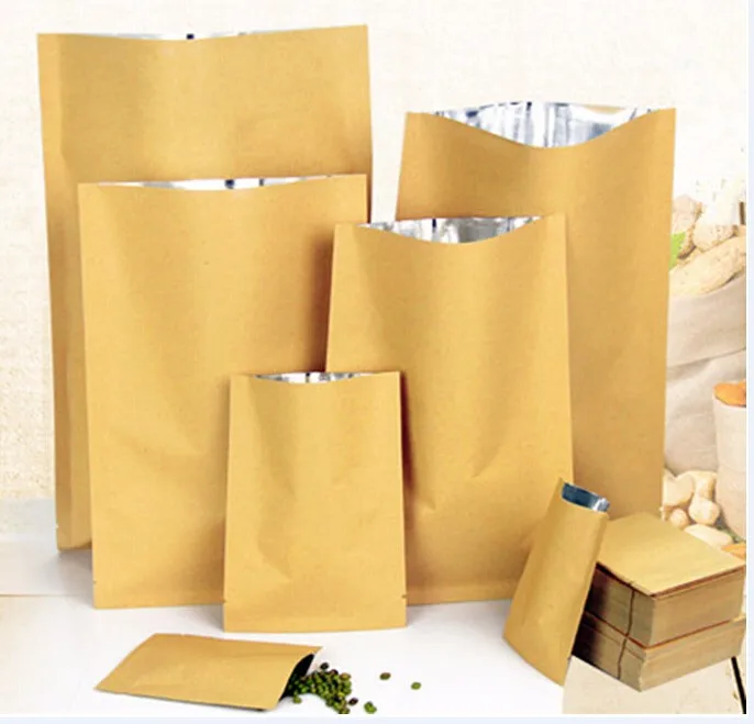 100pcs 7x10cm Flat Kraft Paper Pouch with aluminized interior Heat seal Bag Candy Dried Nuts Food Tea DIY gift packaging Bag