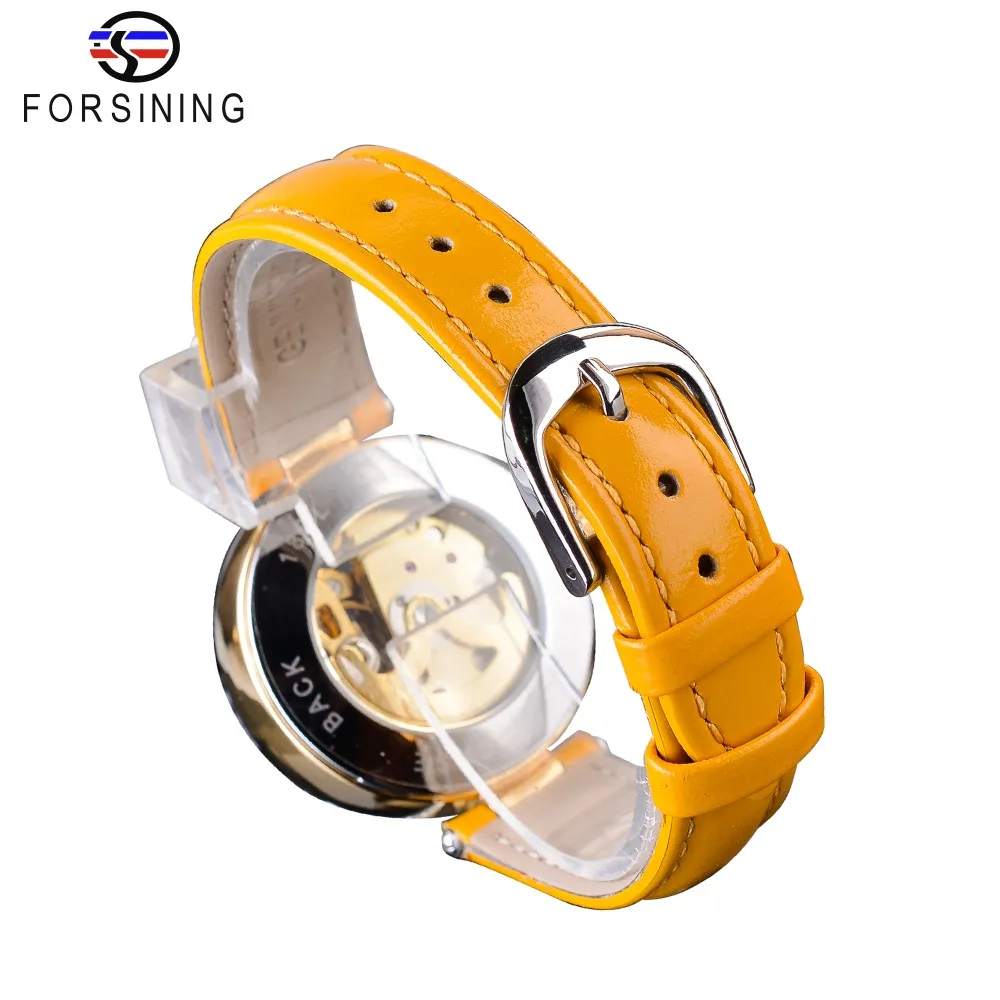 Forsining Giallo Genuino Della Cinghia di Cuoio Oro Movimento del Cambio Delle Signore Del Diamante Delle Donne di Scheletro di Lavoro Aperto di