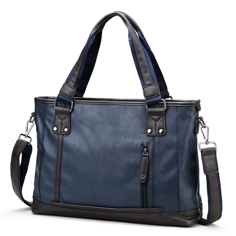Solid Color PU Men\'s Zipper Handbag Business People Travel Fashion Retro Style Computer Bag High Quality Design Handbag