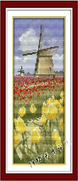 

50*21cm Needlework,DIY Cross stitch,Embroidery kit set,Flower Tulip Garden Holland Windmill Scenic Cross-Stitch paint Home Decor