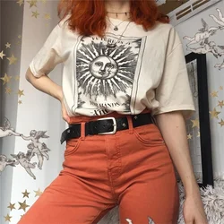 kuakuayu HJN The Future Is In Your Hands Sun And Moon Print Beige T-Shirt Vintage Fashion Grunge Style Tee Aesthetic Shirt