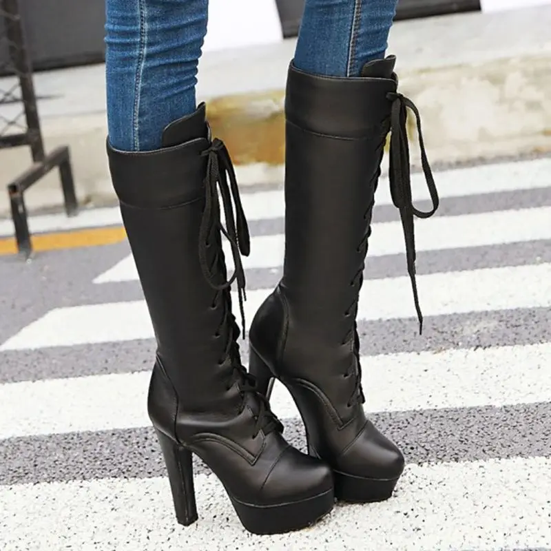 QPLYXCO Plus New fashion small big Size 31-45 Woman Boots Autumn Winter Warm lace up high Heels long Botas Women Shoes M-20