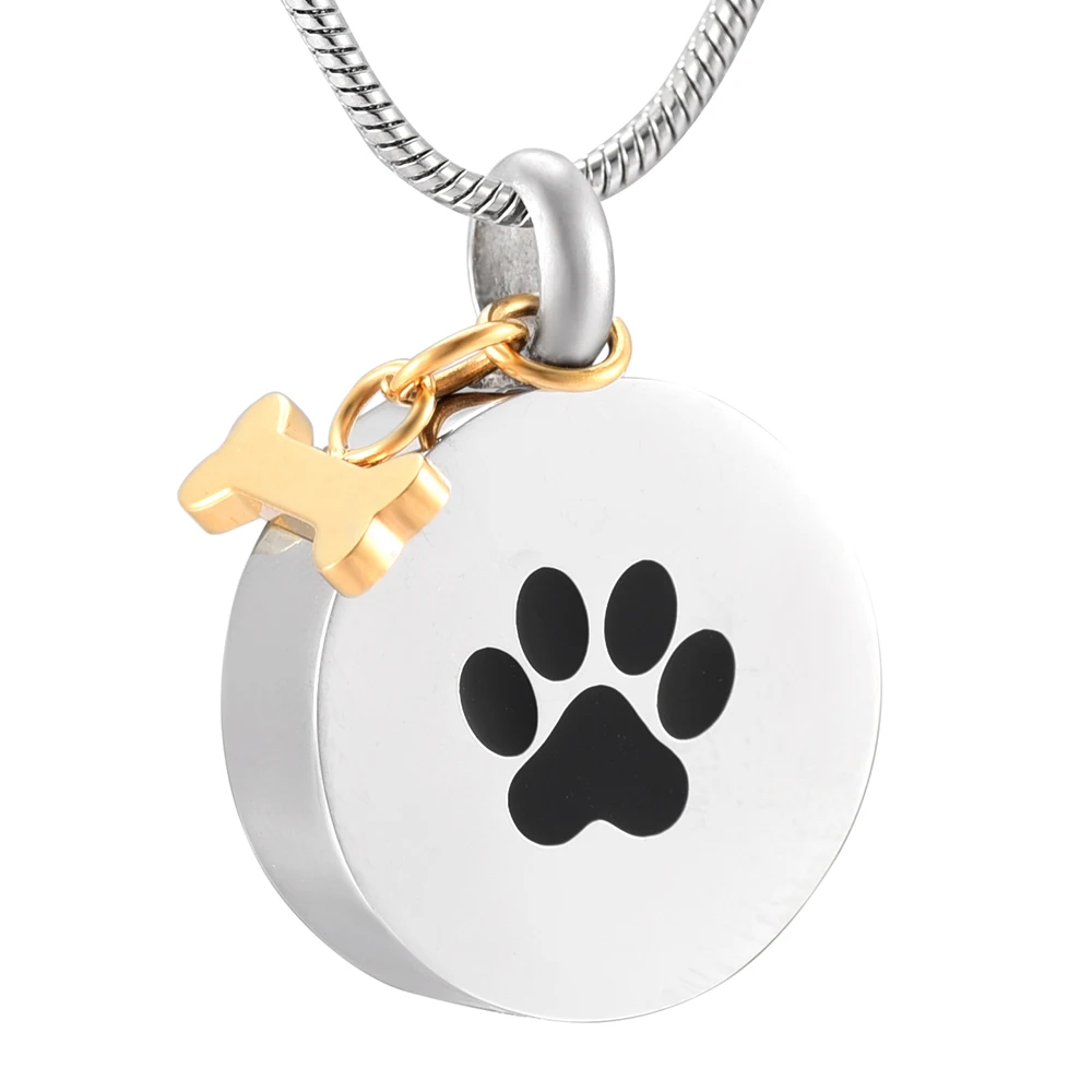 Paw Print Round Cremation Jewelry for Ashes Memorial Urn Necklaces Keepsake Urn Pendant With Gold Dog Bone Charm Ashes Holder