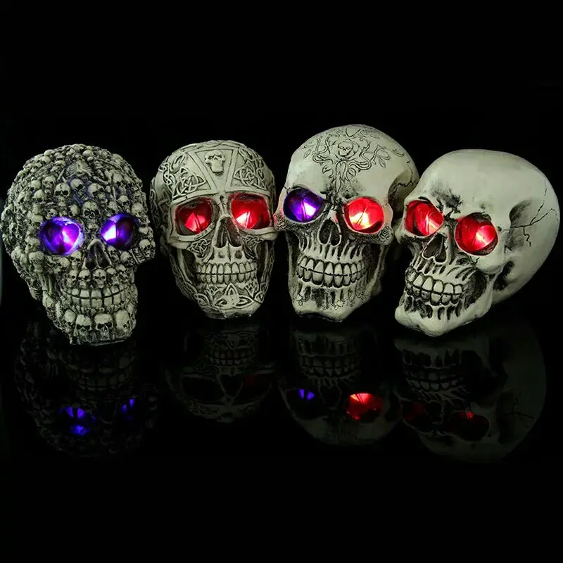 

LED Human Shape Skeleton Head Homosapiens Skull Statue Figurine Demon Evil Home Decor Gags Practical Jokes Toy A Bar Can Shine