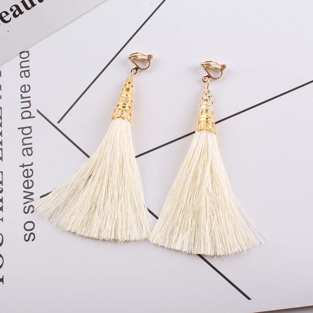 Bohemia Ethnic Long Tassel clip on earrings Women Brand Jewelry Geometric Alloy Plating Simple Dangle Without Pierced Ear Clip