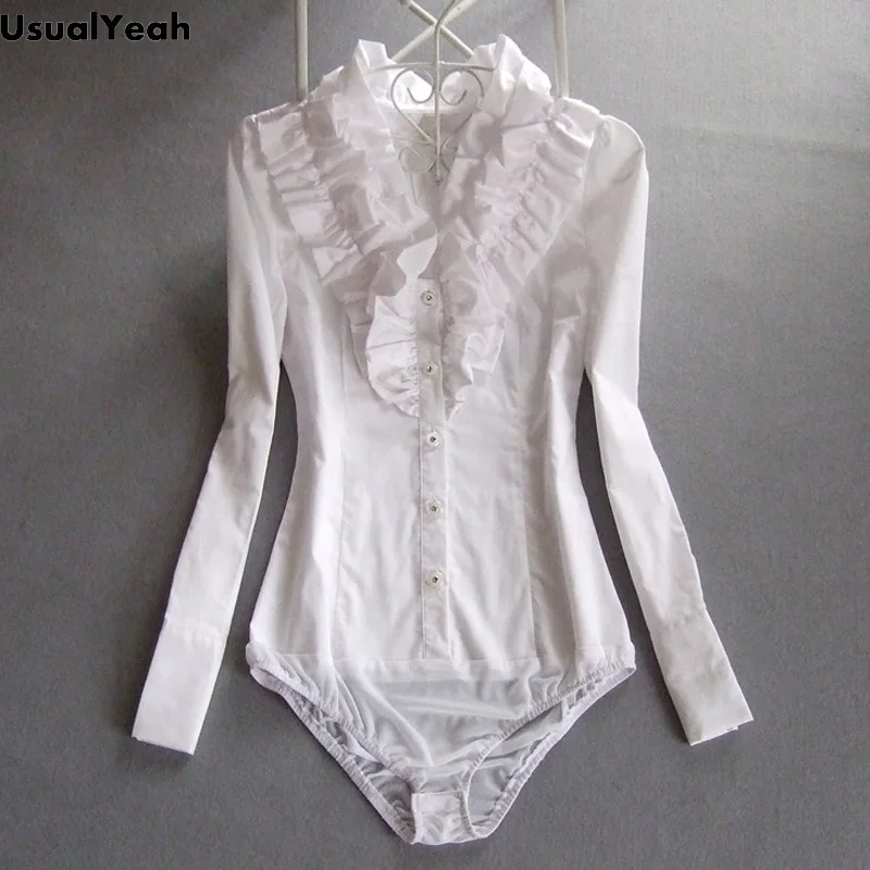 Nieuwe Casual Vrouwen Body Shirt Lange Mouwen Verstoord Kraag Blouses Top Ruches Office Lady Blusa Feminina Wit S-XXL SY0319