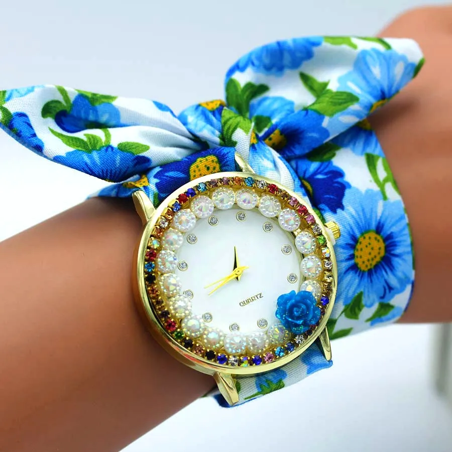 shsby New Ladies flower cloth wristwatch rose women dress watch colourful sparkling rhinestone fabric clock sweet girls watch