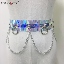 FestivalQueen Dames Glanzend Kunstleer Harnas Riem Verblinden Kleur Holografisch Zilver Metaal Punk Ketting Nachtclub Feest Taille Bel