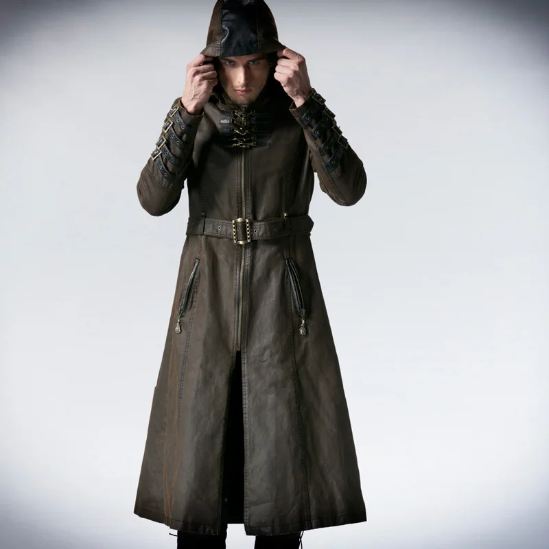 

Man Coffee Dark Twill Long Coat Jacket Punk Fashion Handsome Hooded Y550