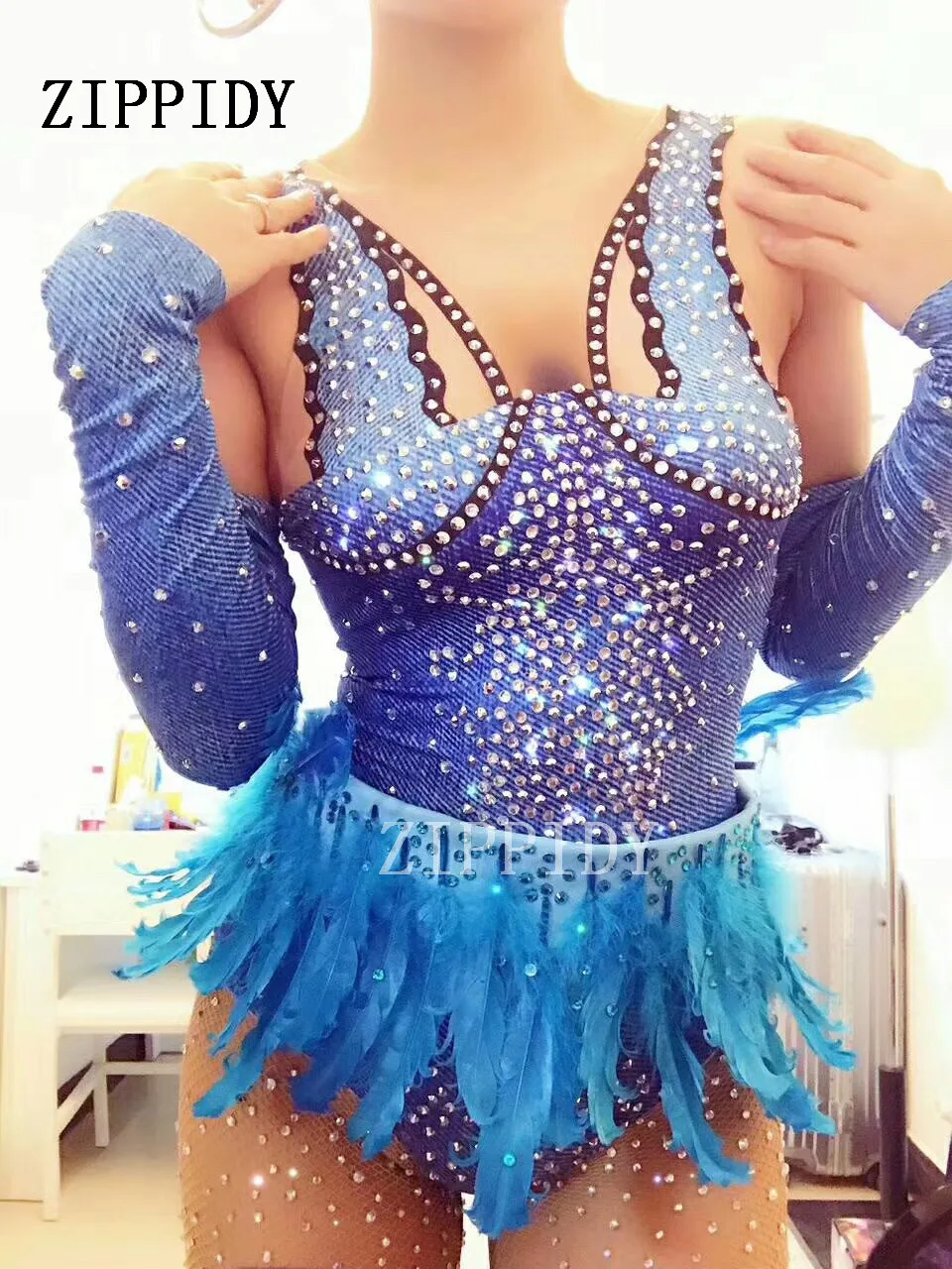 Body Sexy bleu avec plumes et strass, pour discothèque, Gogo Dance, Dj, chanteur, gants, Leotard, tenue de spectacle sur scène, Costume