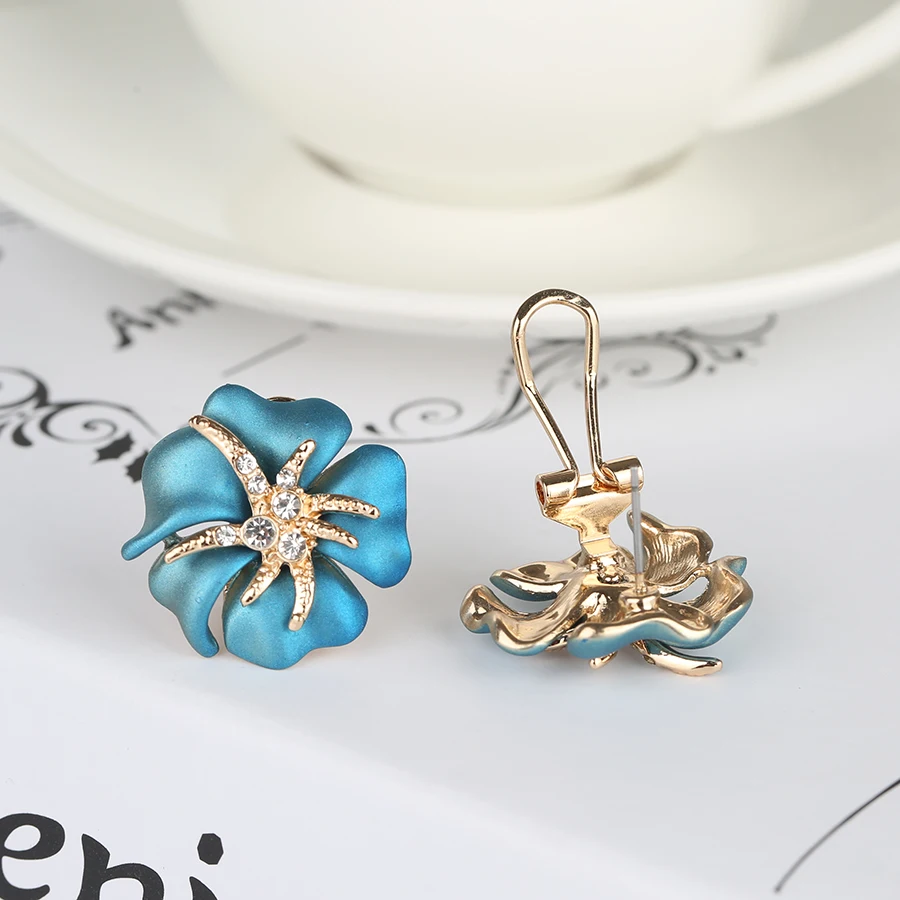 Kinel Hot 2019 Blue Enamel Rose Earring For Women Fashion Gold Crystal Earrings Engagement Vintage Jewelry