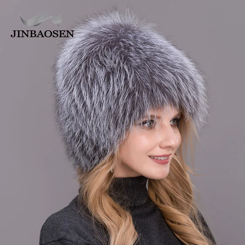 JINBAOSEN Female Winter Fur Hat Real Fox Fur Hat Knitted Silver Fox Fur Hat Female Bomer Cap