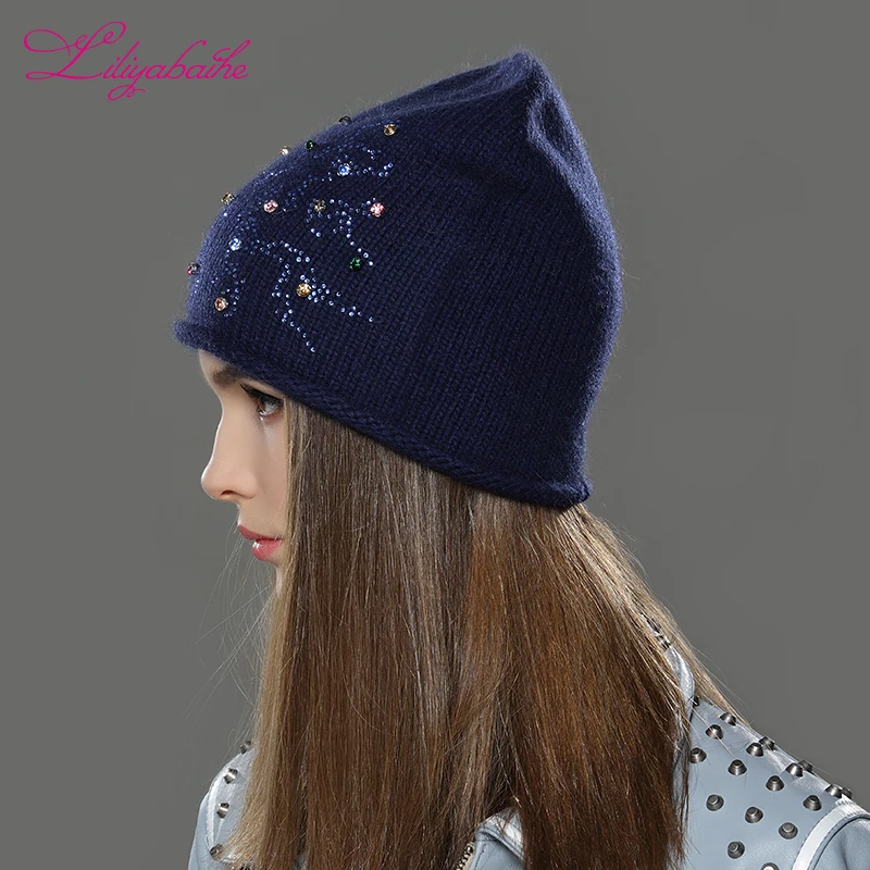 LILIYABAIHE Women Autumn And Winter Hat angora Knitted Skullies Beanies Cap Classic color diamond decoration hats for Girls