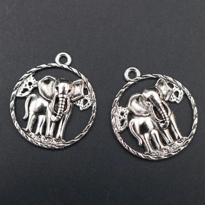

WKOUD 6pcs Silver Plated Hollow Circle Elephant Charm Vintage Necklace Bracelet DIY Metal Jewelry Alloy Pendants A1690