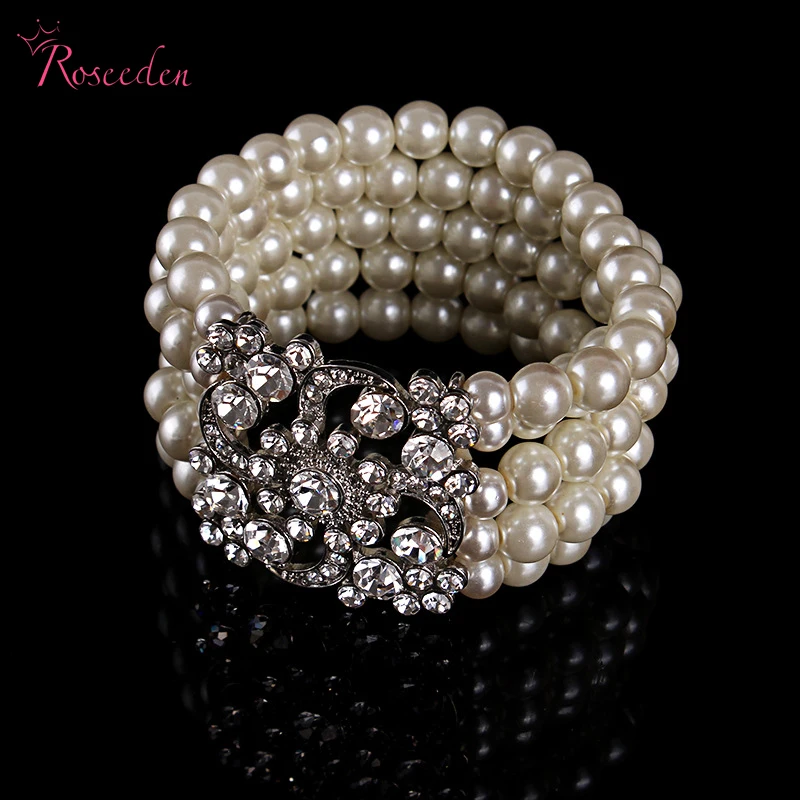 Brand Desigh Silver Plated Bride Bangle Bracelet Simulated Pearl Bridal Wedding Accessories Women Party Jeswelry Bangle RE410