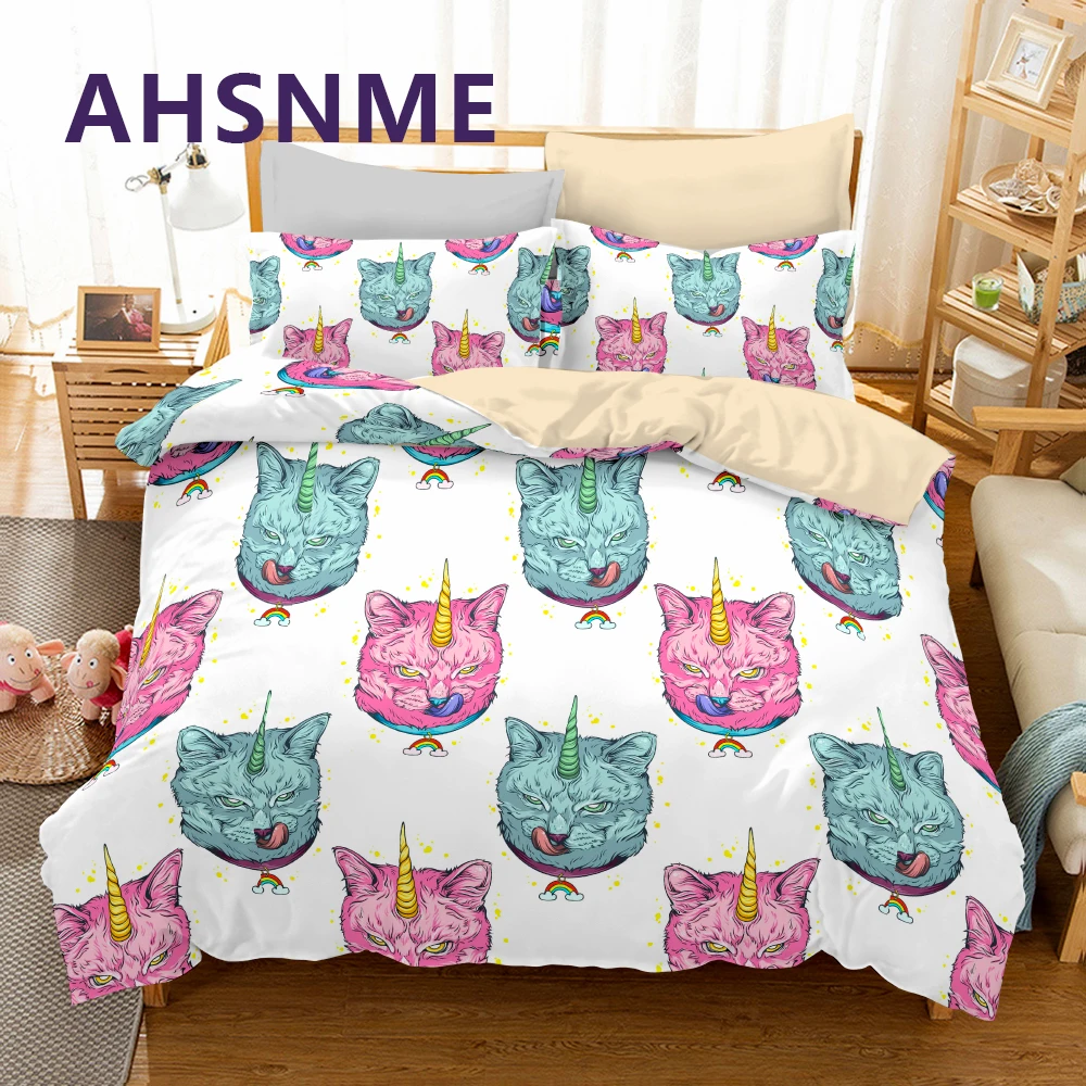 AHSNME Animals Bedding Set Exotic Cat Duvet Covers Cute Cartoon Quilt Cover Sets Children Soft Kit Single Size