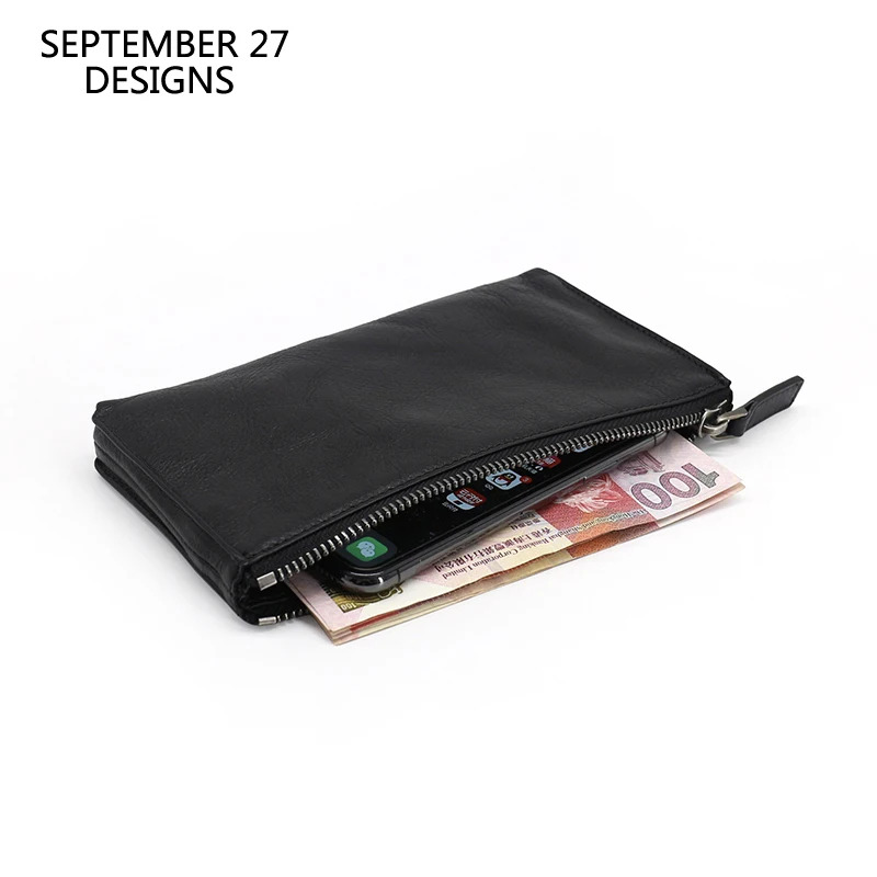 Long Wallet Men Genuine Leather Luxury Women Zipper Cell Phone Purses Clutch Wrinkle Cowhide Vintage Zipper Money Coin Bag