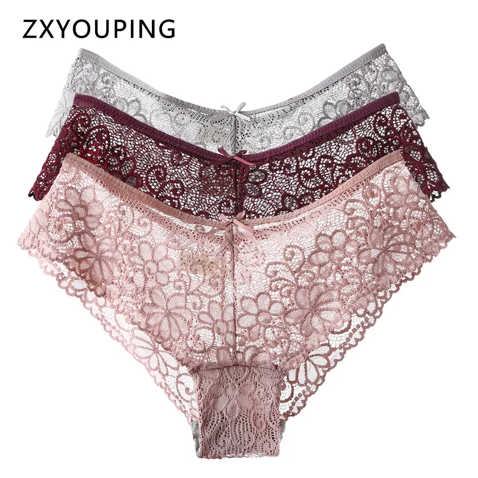 3 Pcs Sexy Lace Panties For Women Underwear Breath-able Female Panty Hollow Transparent Briefs Ladys Lingerie Plus Size S-XXL