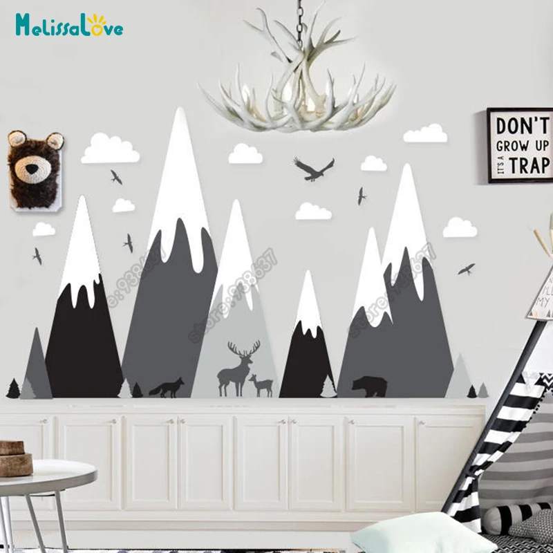 Big Baby Room Decal  Adventure Theme Huge Mountain Cloud Bird Deer Wolf Bear Nursery Room Removable Vinyl Wall Sticker JW374