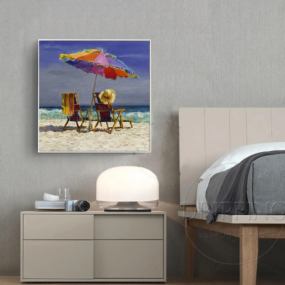 Artist Hand-painted High Quality Textured Knife Landscape Beach Oil Painting on Canvas Beach Chair and Umbrella Oil Painting