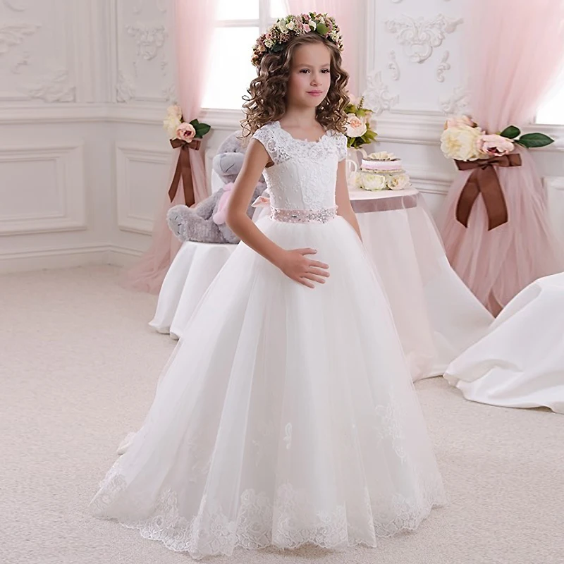 Ivory White Lace Flower Girls Dresses Ball Gown Floor Length Girls First Communion Dress Princess Dress 2-14 Old