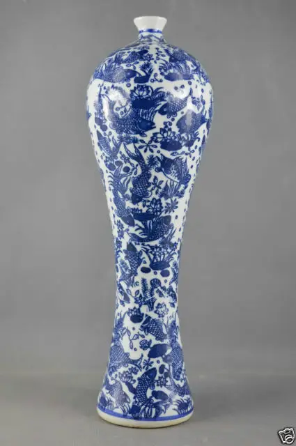 12.75 Inch / Exquisite Chinese Classical Blue and White Porcelain Painting Fish Lotus Delicate High Vase