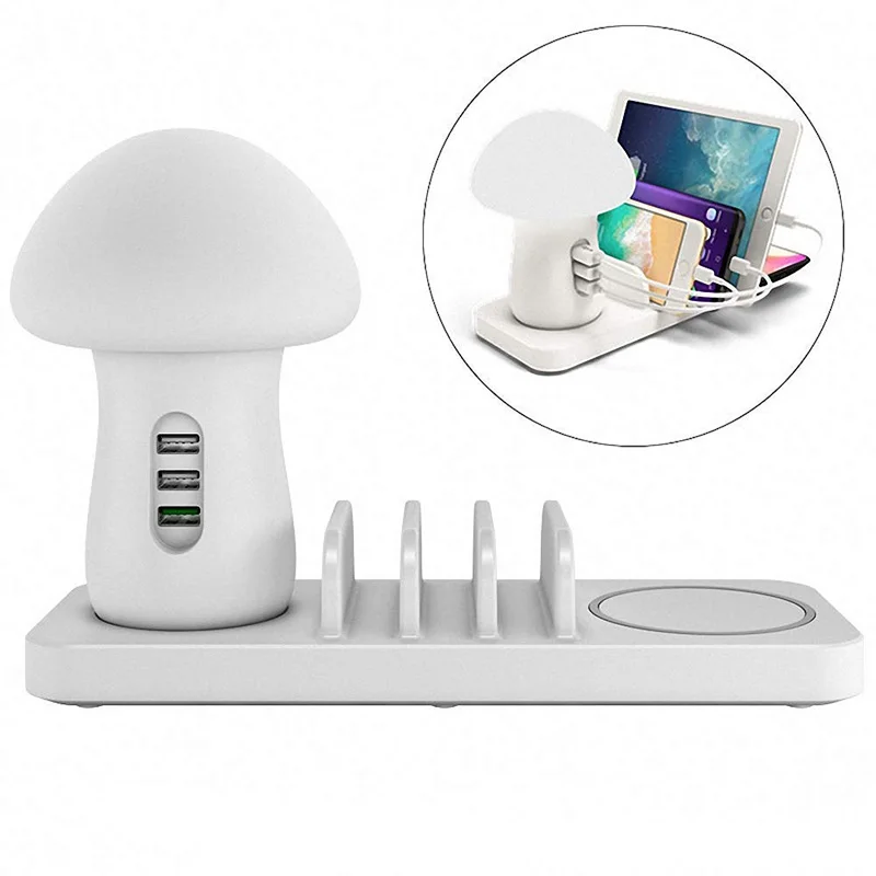 

Mushroom night light Charging Station With Wireless Pad, 3 Port Dock Fast Charger 3.0 with Night Light for Smart Phones,Iphone