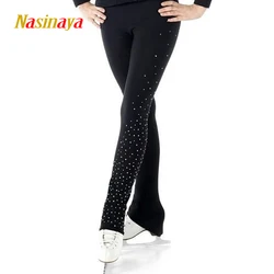 Custom Figure Skating Costume Gymnastics Pants Adult Kids Competition Black Performance Pants Left Leg Rhinestones