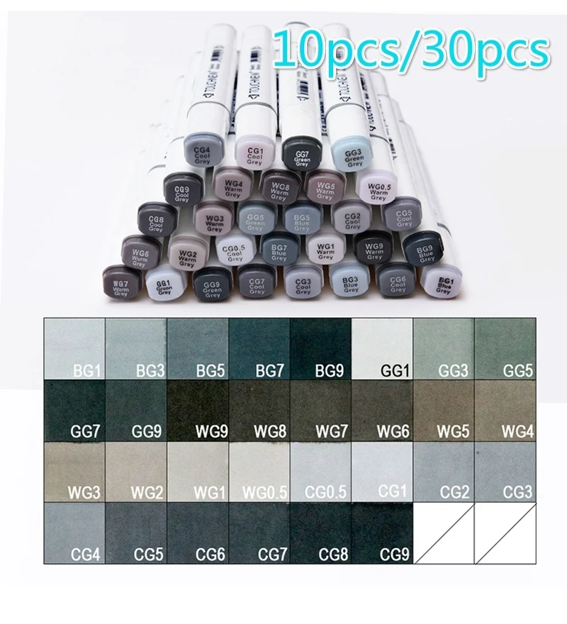 10/30 Colors Grayscale Art Marker Pen Double-Ended Sketch Markers Alcohol Based Ink Neutral Gray Tones Art Supplies