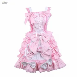 Ainclu XS-XXL Womens Pink Sleeveless Bow Ruffle Cotton A-line/Bubble Dress Sweet Lolita Dress With Lace/Bow/Ribbon for party