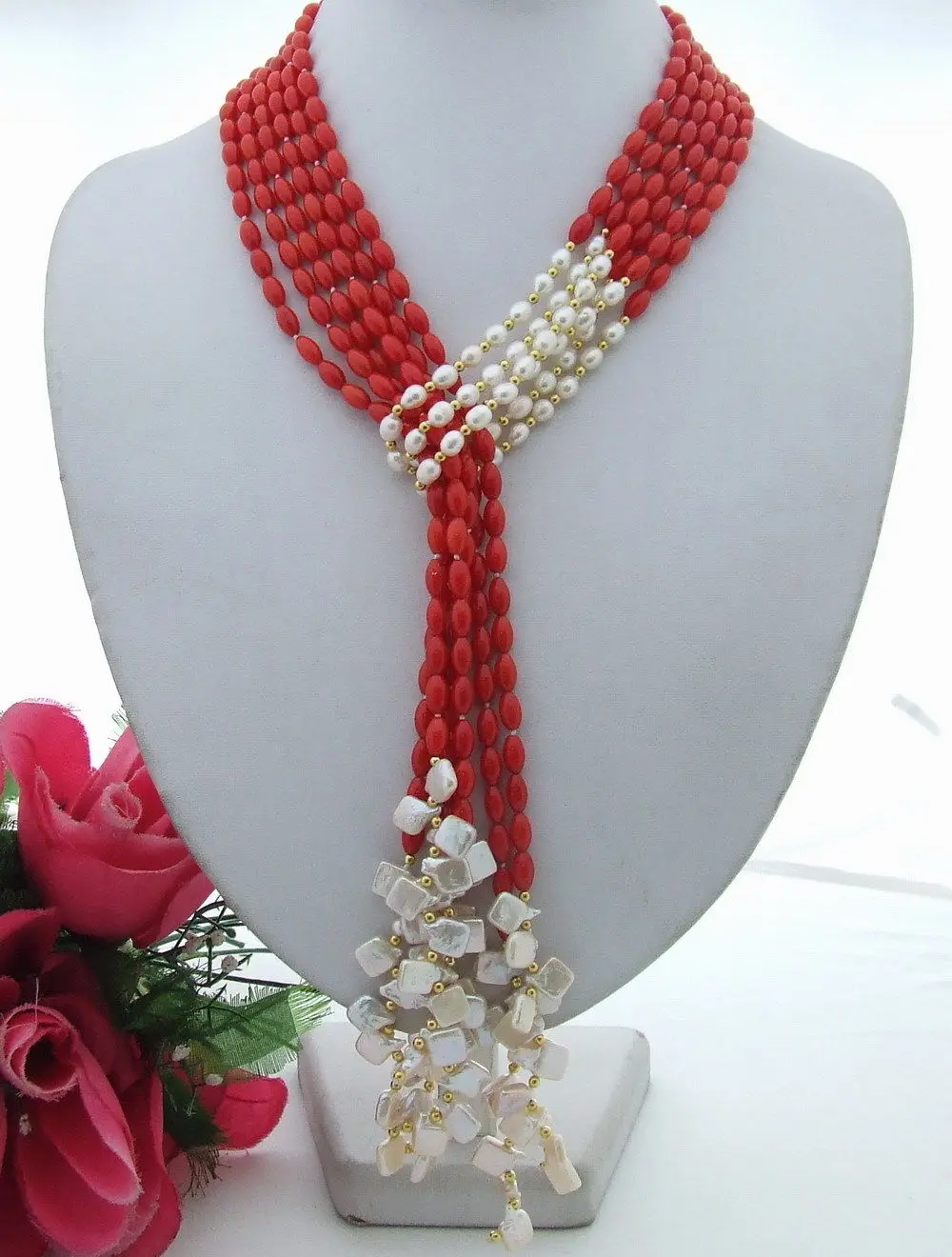 

51" 3Strds Keshi Pearl Coral Necklace