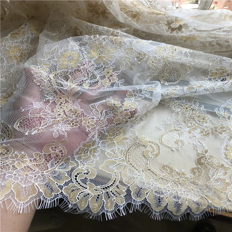 Hard Sweater Texture French Eyelash Lace Fabric Wedding Dress Dress Fabric White Gold Lace Trim