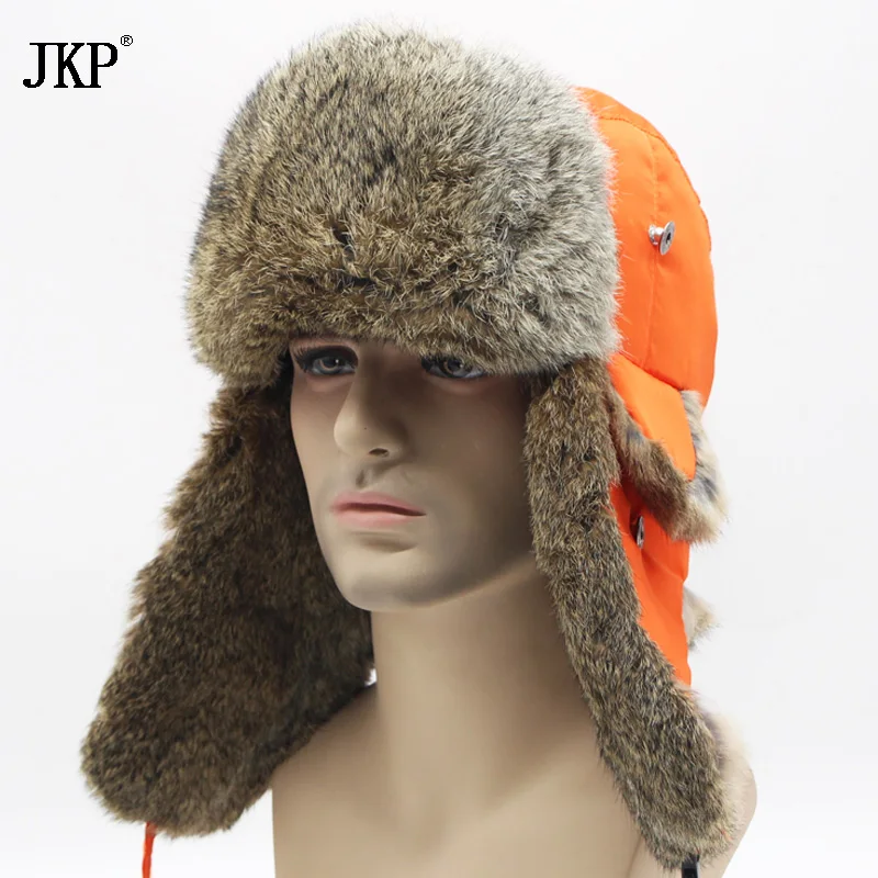 Winter Mode Bomber Trapper Hoeden Dikke Winter Warm Konijnenbont Muts Rex Dikke Warme Sneeuw Caps Oor Flap Caps Russische Voor Mannen